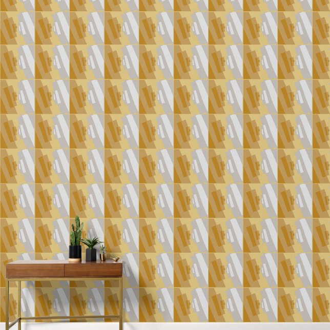 Abstract Geometric Silver Gold Grey Medium Tiles Wallpaper (Hallway)