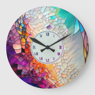 Abstract geometric stained glass pattern large clock