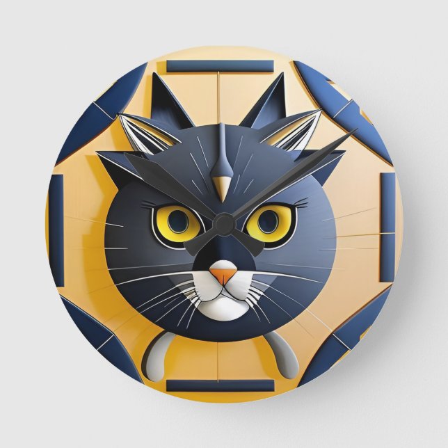 Abstract Geometric Stylized Cat Round Clock (Front)