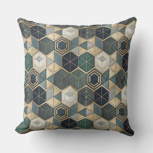 Abstract Geometric Teal & Gold Modern Pattern Throw Pillow (Front)