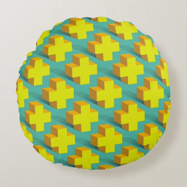 Abstract geometric texture of yellow crosses on a  round pillow (Front)