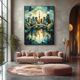 Abstract Geometric Tokyo Skyline with Tower Canvas Print