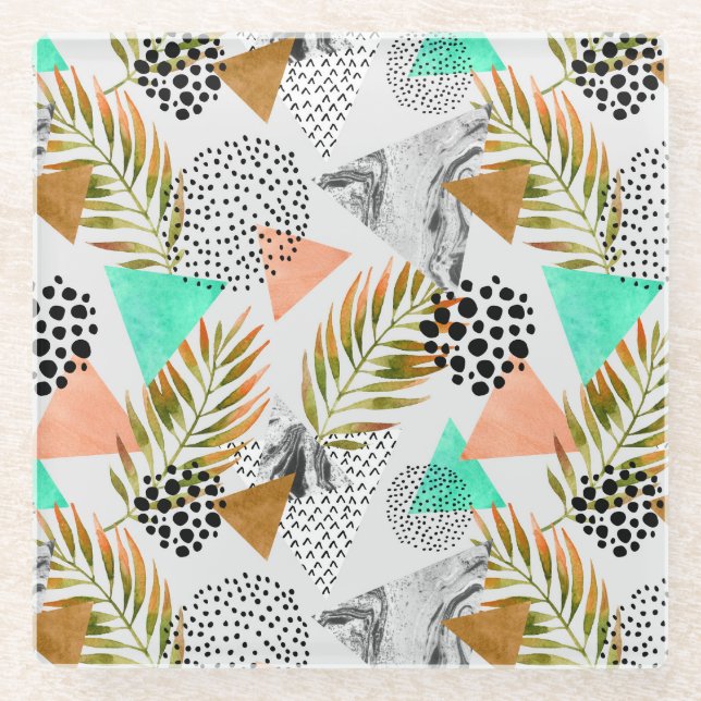 Abstract Geometric Tropical Leaf Pattern Glass Coaster (Front)