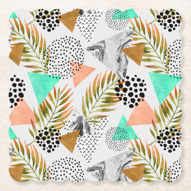 Abstract Geometric Tropical Leaf Pattern Paper Coaster (Front)