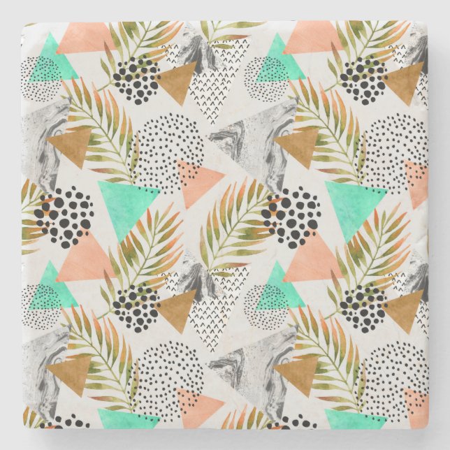 Abstract Geometric Tropical Leaf Pattern Stone Coaster (Front)