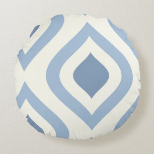 Abstract geometrical, blue and off white round pillow