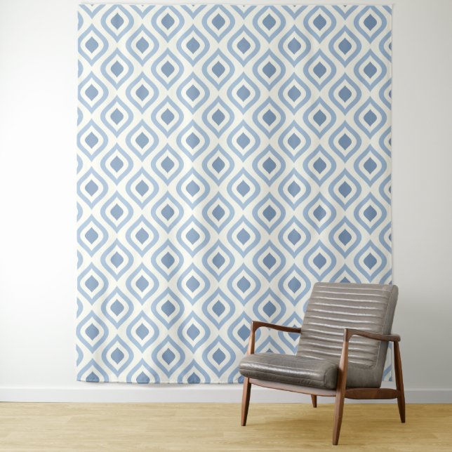 Abstract geometrical, blue and off white tapestry (In Situ)