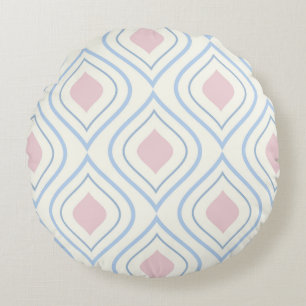 Abstract geometrical, blue, pink and off white round pillow
