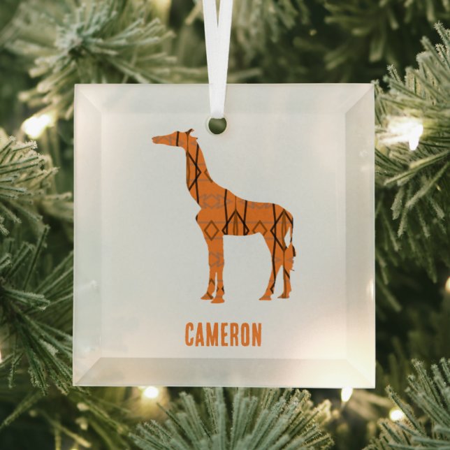 Abstract giraffe silhouette monogram glass ornament (Insitu)