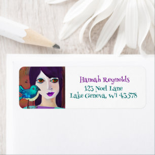 Abstract Girl and Bird Purple and Teal