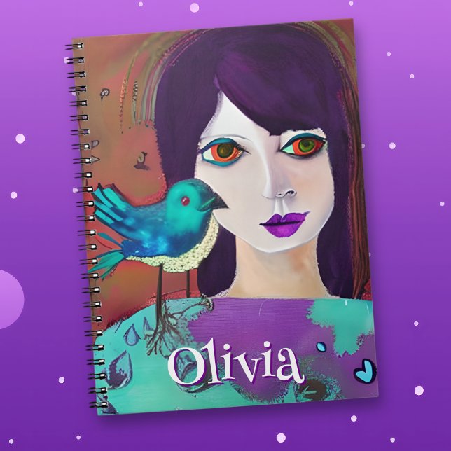 Abstract Girl & Bird Purple and Teal Personalized Notebook (Creator Uploaded)
