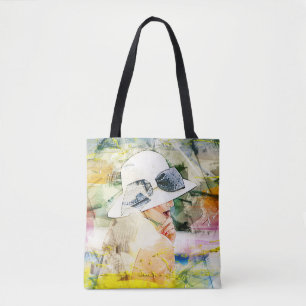 Abstract Girl White Hat Bow Ribbon Field Lip Mouth Tote Bag