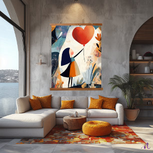Abstract Girl with Balloon: Whimsical Artwork Hanging Tapestry