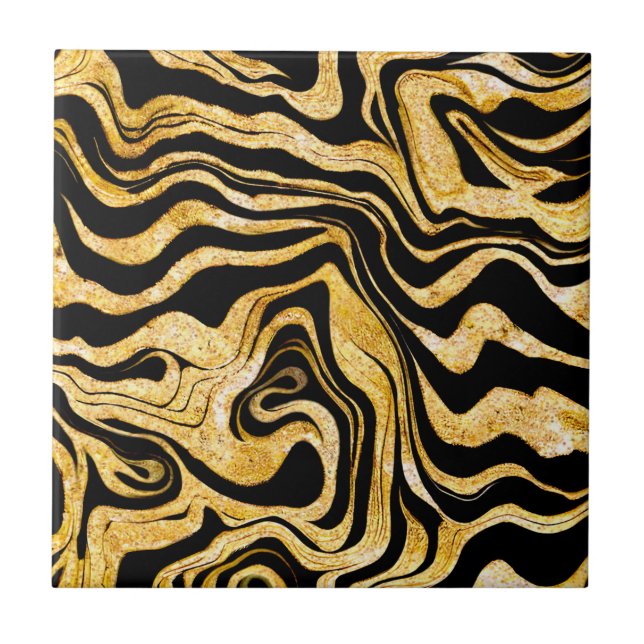 Abstract Glam Elegant Classy Black and Gold Marbly Tile (Front)