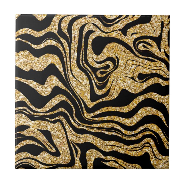 Abstract Glam Elegant Classy Black and Gold Marbly Tile (Front)