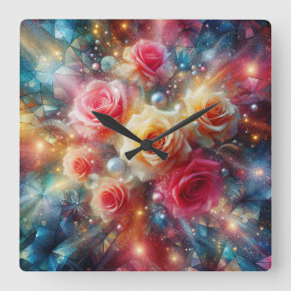 Abstract Glitter Roses Square Wall Clock