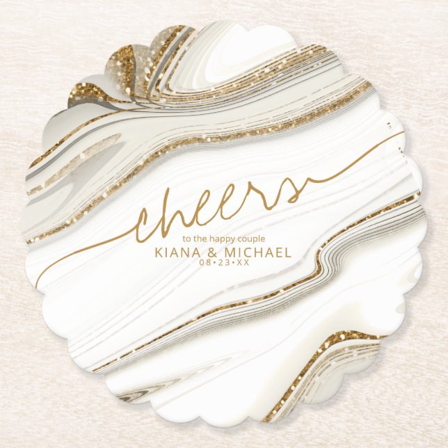 Abstract Glitter Strata Wedding Cheers Ivory ID903 Paper Coaster (Front)