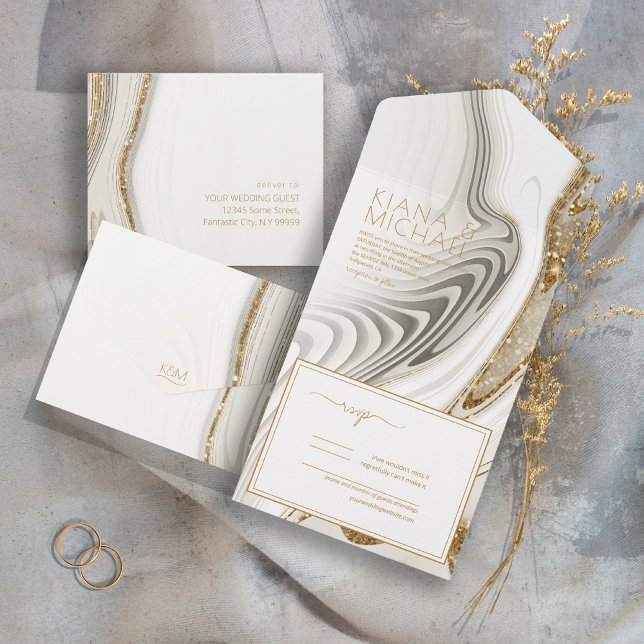 Abstract Glitter Strata Wedding Ivory ID903 All In One Invitation (Creator Uploaded)