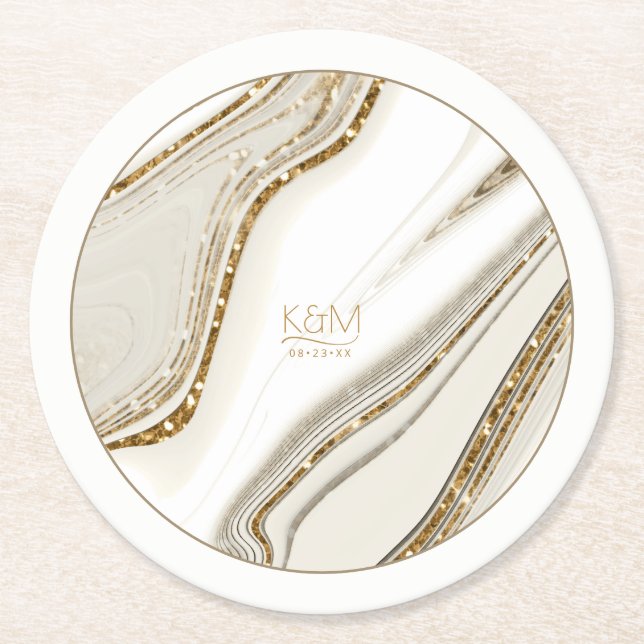 Abstract Glitter Strata Wedding Ivory ID903 Round Paper Coaster (Front)