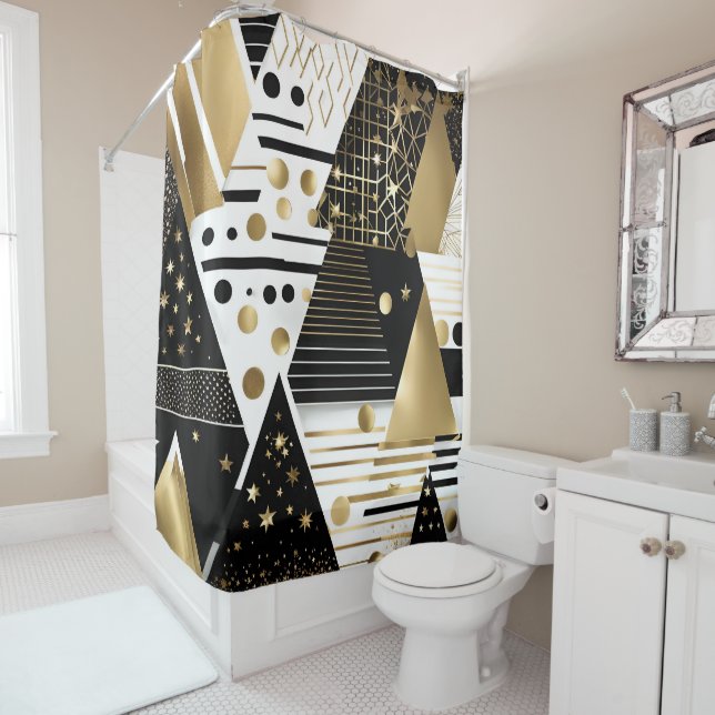 abstract gold and black triangles shower curtain (In Situ)
