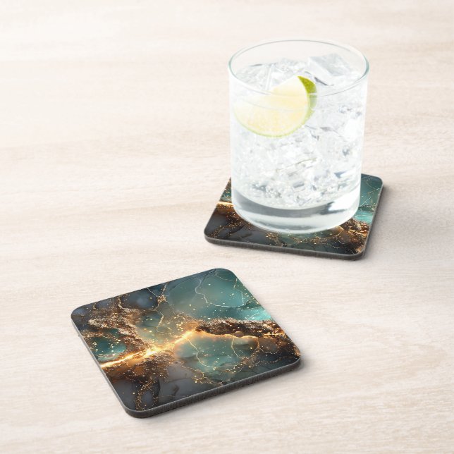 Abstract Gold and Teal Marbled Art Coaster (Right Side)