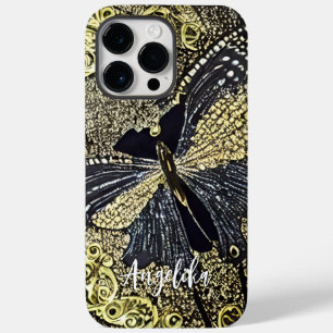 Abstract Gold Black Butterflies Personalized Name Case-Mate iPhone 14 Pro Max Case