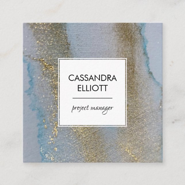 Abstract Gold Blue Shimmer Alcohol Ink Liquid Art Square Business Card (Front)