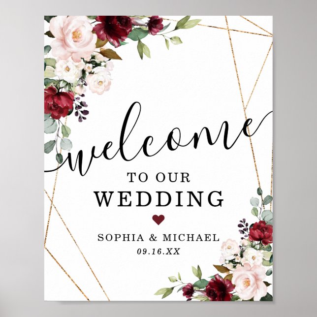 Abstract Gold Burgundy Blush Floral Welcome Sign (Front)