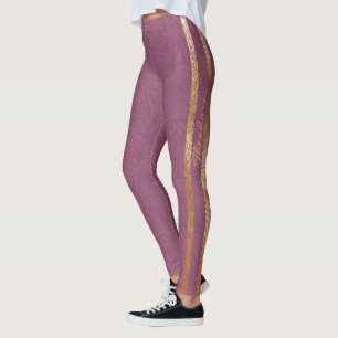 Abstract Gold Burgundy Floral Leggings