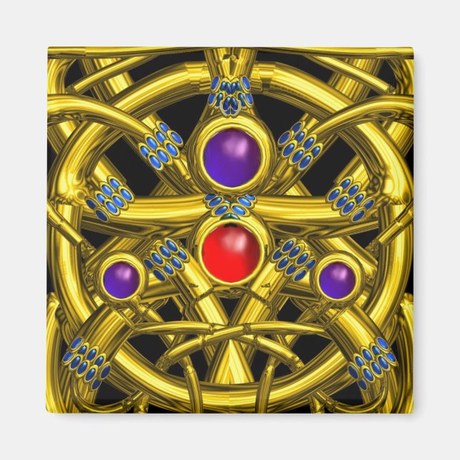 ABSTRACT GOLD CELTIC KNOTS WITH COLORFUL GEMSTONES MAGNET (Front)