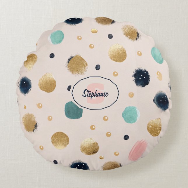 Abstract Gold & Colourful Brushstroke Circle Round Pillow (Front)