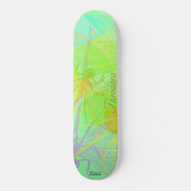 Abstract Gold Dragonfly Blue Pastel Pattern Skateboard (Front)