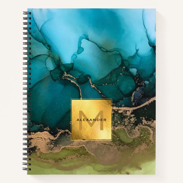 Abstract Gold Foil Black Teal Monogram Notebook (Front)