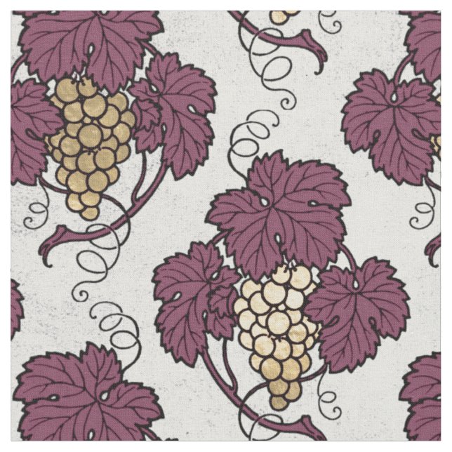 Abstract Gold Grapes and Leaves on White Fabric (Close Up)