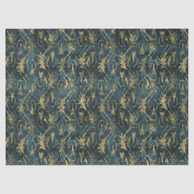Abstract Gold Leaves on Green Decoupage Tissue Paper (Front)