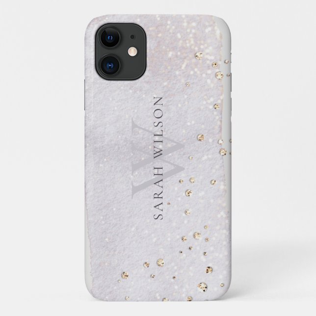 Abstract Gold Lilac Brush Stoke Monogram Glitter Case-Mate iPhone Case (Back)