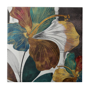 Abstract Gold Line Floral Art with Bold Petals Tile