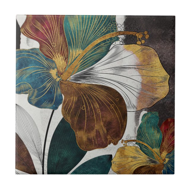 Abstract Gold Line Floral Art with Bold Petals Tile (Front)