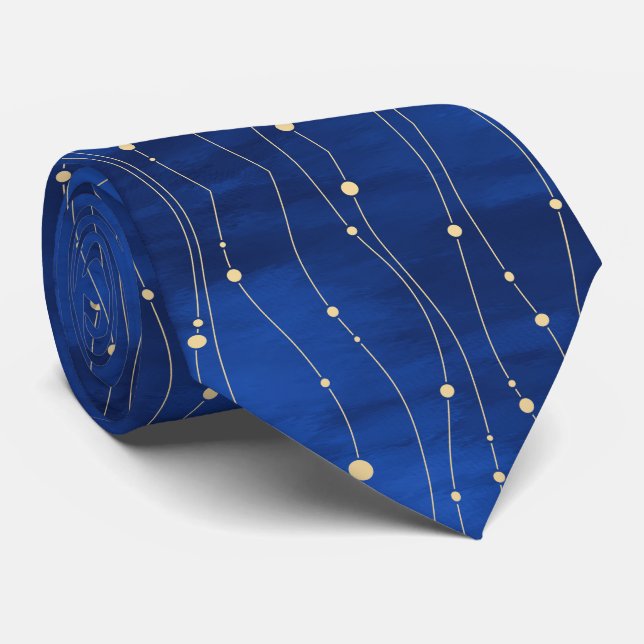  Abstract Gold Lines and Dots on Blue Tie (Rolled)