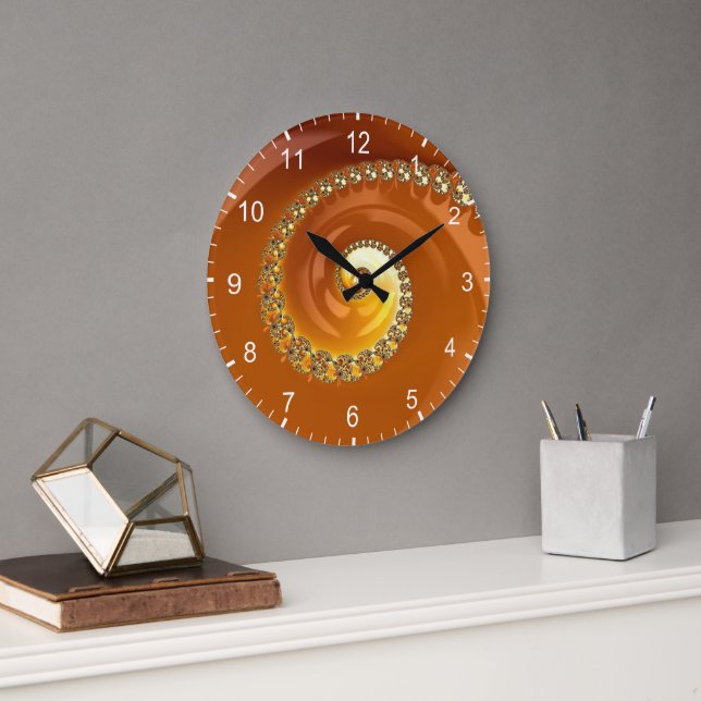 Abstract Gold Orange Gradient Spiral Fractal Large Clock (Office)