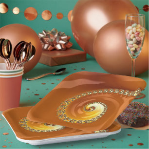 Abstract Gold Orange Gradient Spiral Fractal Paper Plate