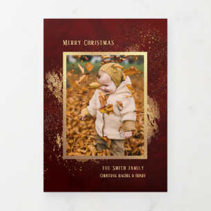 Abstract Gold Sparkles on Deep Red Photo Tri-Fold Card