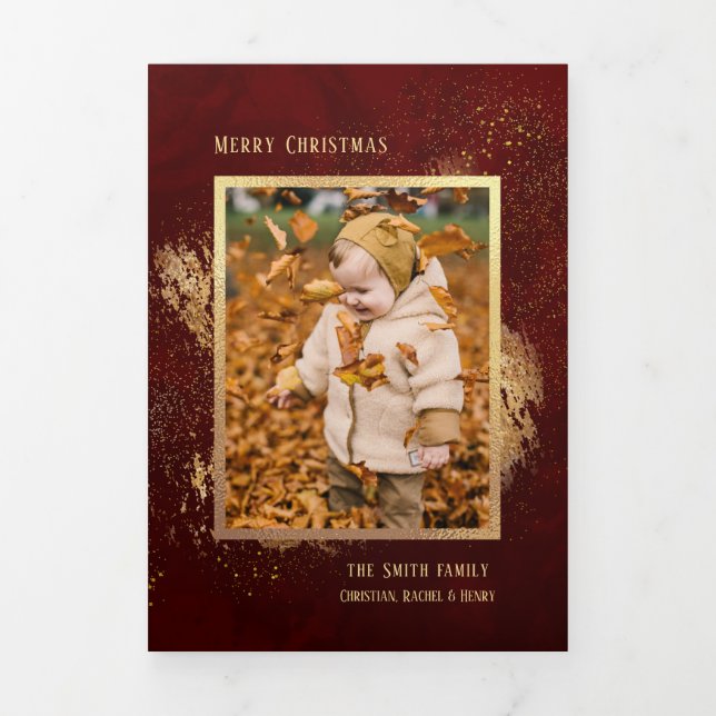 Abstract Gold Sparkles on Deep Red Photo Tri-Fold Card (Cover)
