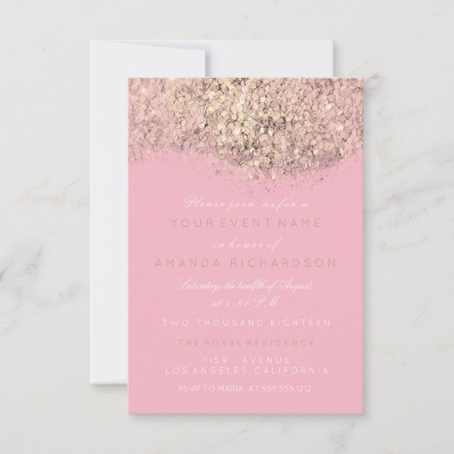 Abstract Gold Sparkly Glitter Whit Pink Glam Event Invitation (Front)