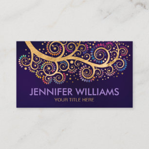 Abstract gold swirl tree branch -colorful leaves business card