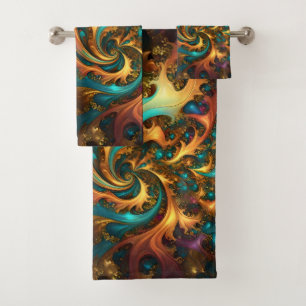 Abstract Gold Teal Orange Flames, Bath Towel Set