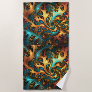 Abstract Gold Teal Orange Flames, Beach Towel