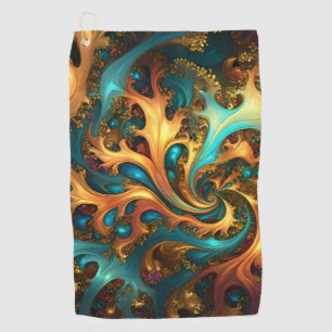 Abstract Gold Teal Orange Flames, Golf Towel