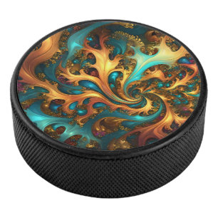 Abstract Gold Teal Orange Flames, Hockey Puck