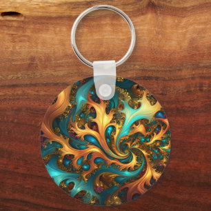 Abstract Gold Teal Orange Flames, Keychain